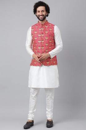 embroidered polyester blend regular fit mens kurta - white