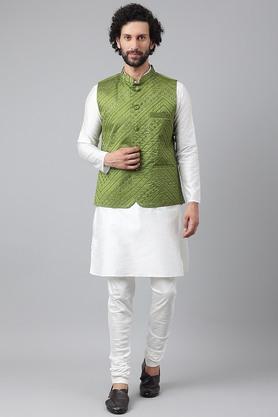 embroidered polyester blend regular fit mens kurta - white