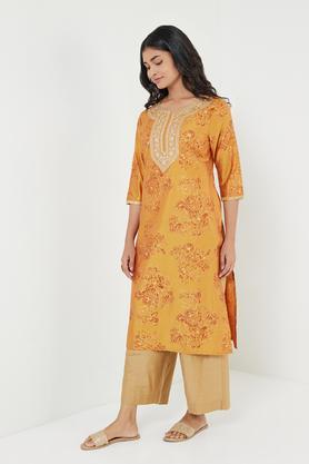 embroidered polyester blend round neck women's festive wear kurta - orange