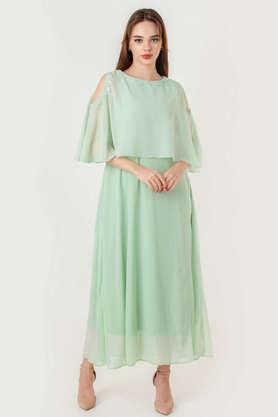 embroidered polyester boat neck women's maxi dress - mint