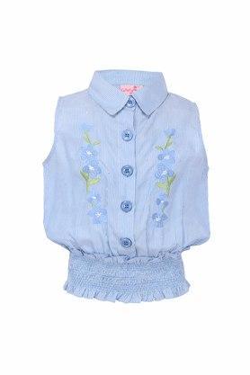 embroidered polyester collared girls top - blue