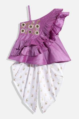 embroidered polyester full length girls top & dhoti pant set - mauve