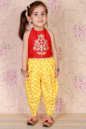 embroidered polyester full length girls top & dhoti pant set - red