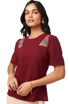 embroidered polyester mandarin womens top - burgundy