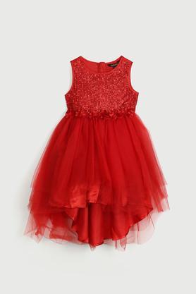 embroidered polyester regular fit girls dress - red