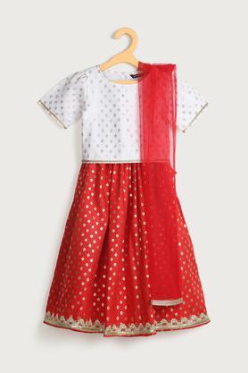 embroidered polyester regular fit girls ethnic set - red