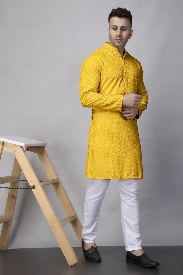 embroidered polyester regular fit mens kurta pyjama set