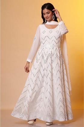 embroidered polyester regular fit women's dress dupatta set - white