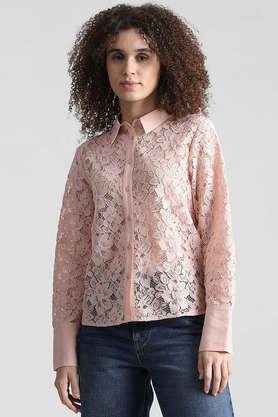 embroidered polyester regular fit women's shirt - pink