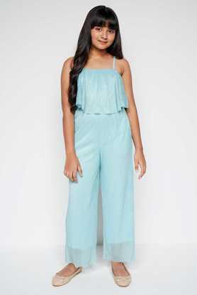 embroidered polyester relaxed fit girls jumpsuit - turquoise