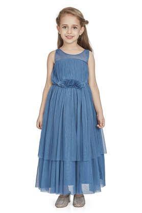 embroidered polyester round neck girl's party wear dress - teal