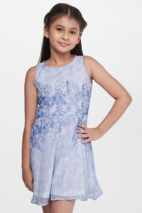 embroidered polyester round neck girls dress - powder blue