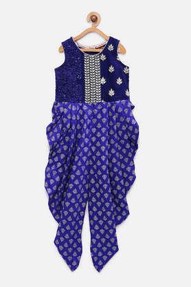 embroidered polyester round neck girls festive wear jumpsuit - blue
