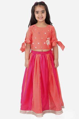embroidered polyester round neck girls ghaghra choli set - red