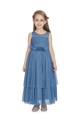 embroidered polyester round neck girls party wear dress - blue