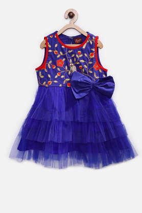 embroidered polyester round neck girls party wear dress - blue