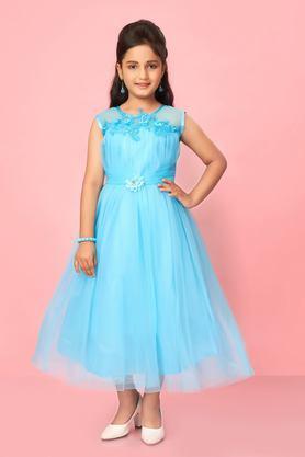 embroidered polyester round neck girls party wear gown - blue