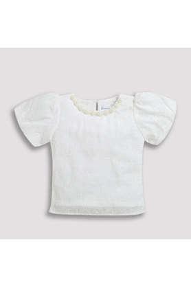 embroidered polyester round neck girls top - white