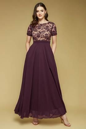 embroidered polyester round neck women's dress - wine
