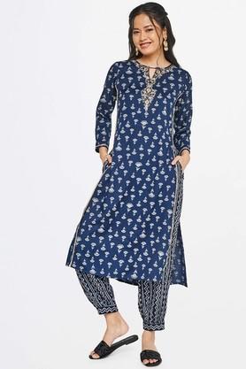 embroidered polyester round neck women's kurta trouser set - indigo