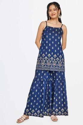 embroidered polyester round neck women's kurta trouser set - navy