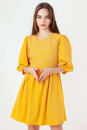 embroidered polyester round neck women's mini dress - yellow
