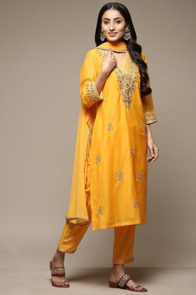 embroidered polyester round neck women's salwar kurta dupatta set - yellow