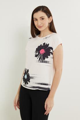 embroidered polyester round neck women's t-shirt - natural