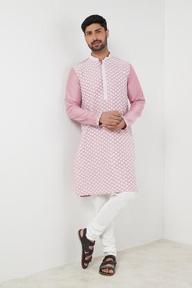 embroidered polyester slim fit men's long kurta - dusty pink