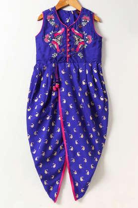 embroidered polyester v-neck girls festive wear jumpsuit - blue