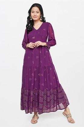embroidered polyester v neck women's gown - purple
