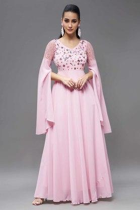 embroidered polyester v neck womens maxi dress - dusty pink