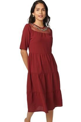 embroidered polyester womens maxi dress - burgundy
