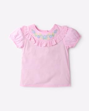 embroidered poplin top with ruffled overlay