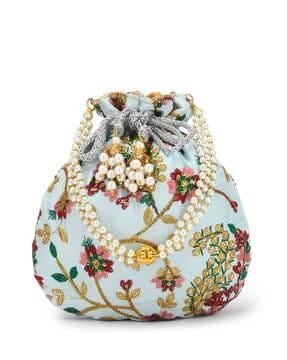 embroidered potli clutch with pearl strap