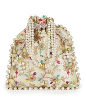 embroidered potli clutch with pearl strap