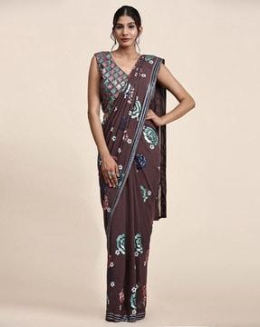 embroidered pre-stitched saree with contrast border