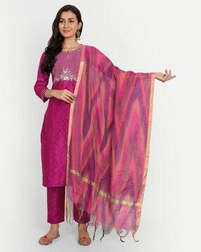 embroidered print straight kurta with dupatta set