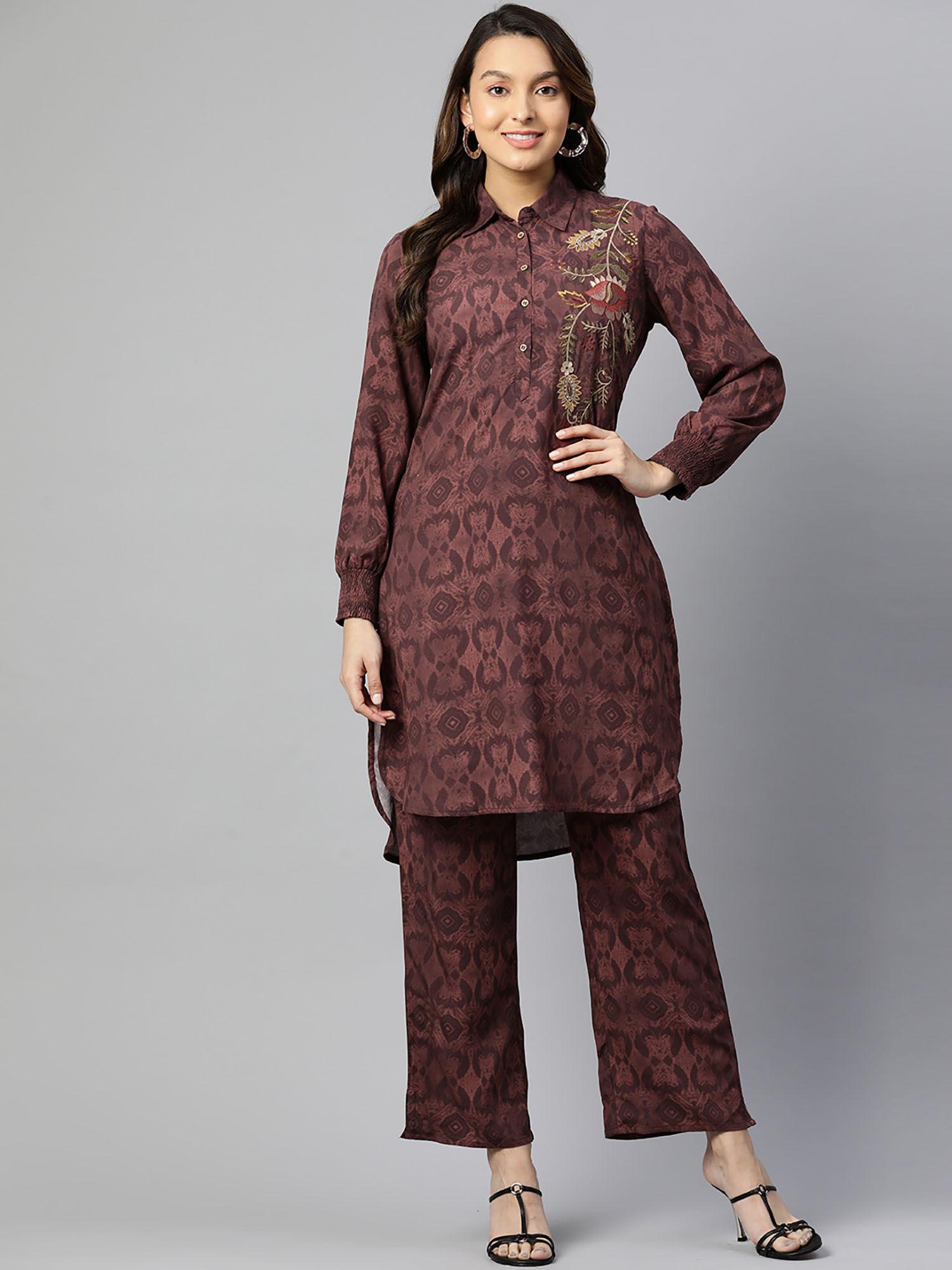 embroidered printed top with palazzo (set of 2)