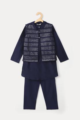 embroidered pst mandarin boys kurta pyjama jacket set - navy