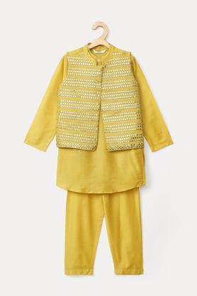embroidered pst mandarin boys kurta pyjama jacket set - yellow