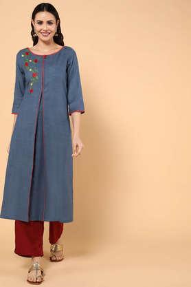 embroidered pure cotton round neck women's kurta - dark blue