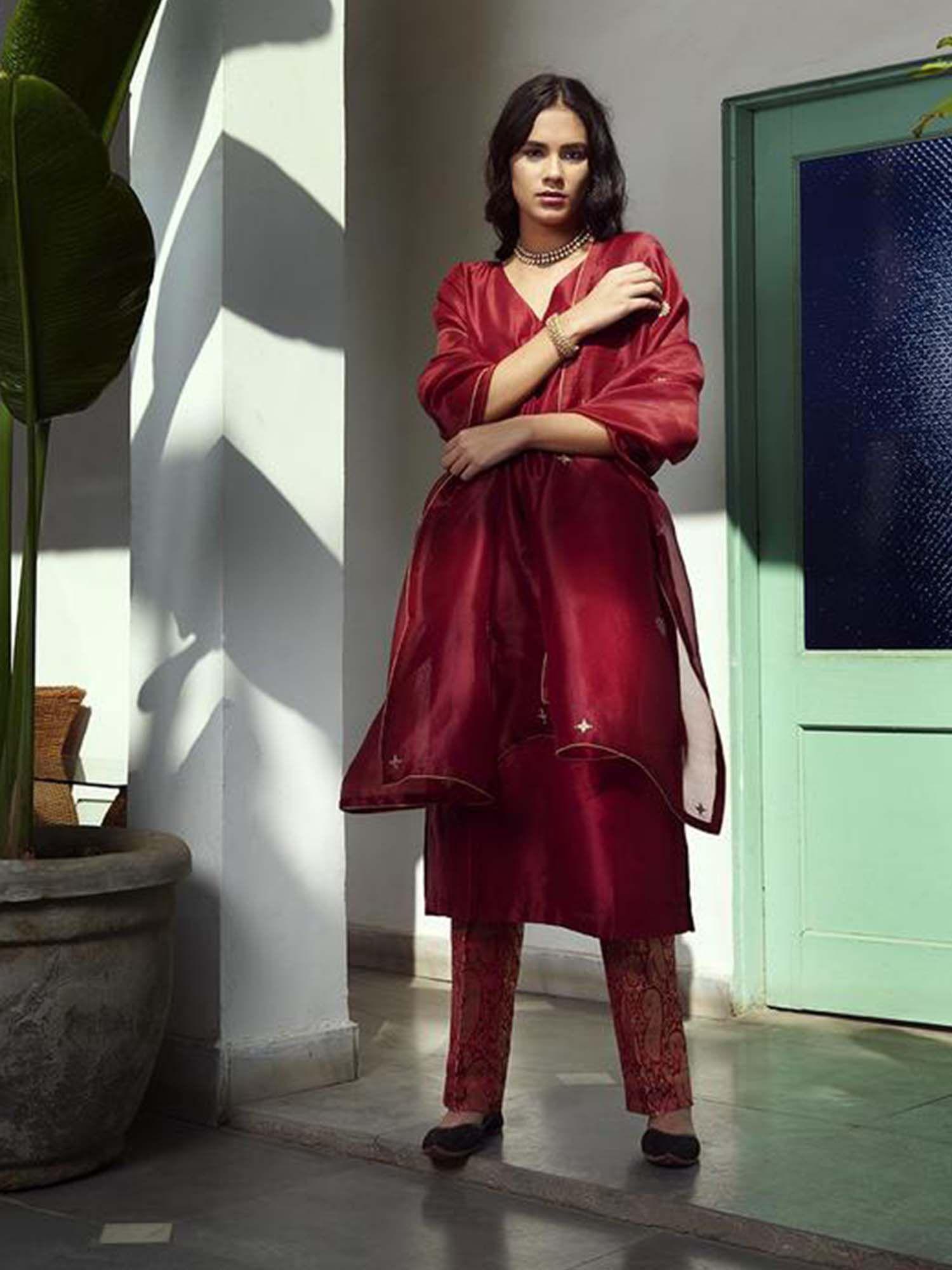 embroidered pure silk suit in maroon with dupatta and brocade silk pants (set of 3)