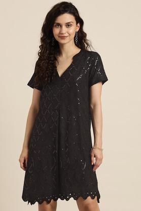 embroidered rayon blend mandarin women's maxi dress - black