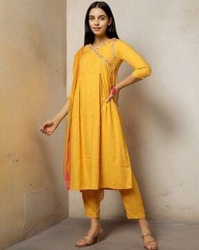 embroidered rayon dobby kurta set with dupatta