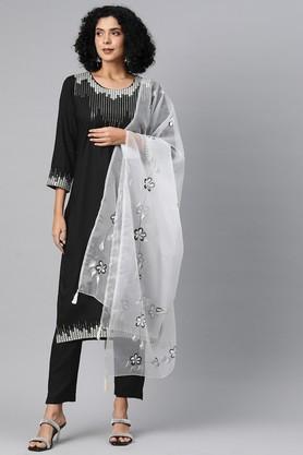 embroidered rayon regular fit women's kurta set - black