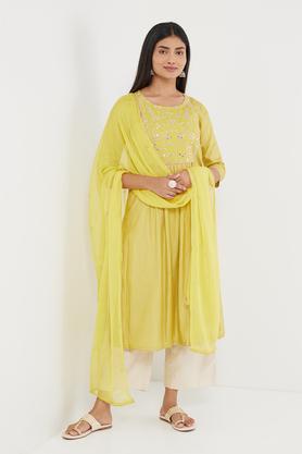 embroidered rayon regular fit women's kurta set - yellow