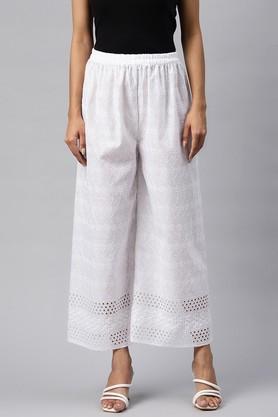 embroidered rayon regular fit women's palazzos - white