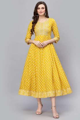 embroidered rayon round neck festive wear women's kurta - mustard