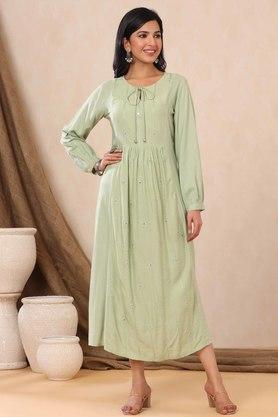 embroidered rayon round neck women's a-line dress - olive